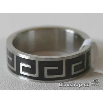 Prsten Ocel prsten s řeckým vzorem kombinací lesklého kovu a černého smaltu vnitřní průměr 22 mm