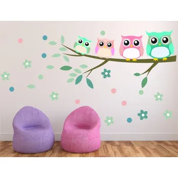 Samolepící dekorace Sovičky tyrkysové samolepka na zeď - XL