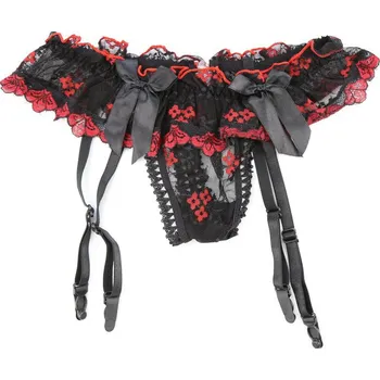 Dámské erotické kalhotky IGNITE Otevřená tanga s podvazky černo-červená + Doprava zdarma