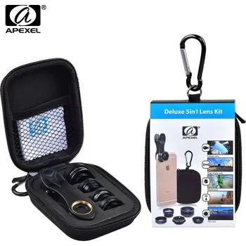 Objektiv APEXEL DELUXE Set objektivů pro mobilní telefony 5v1 (macro, širokoúhlý ,fisheye,polarizační a tele objektiv)