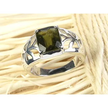 Prsten Vltavín prsten obdélník 12 x 10mm checker top brus Ag 925/1000 + Rh