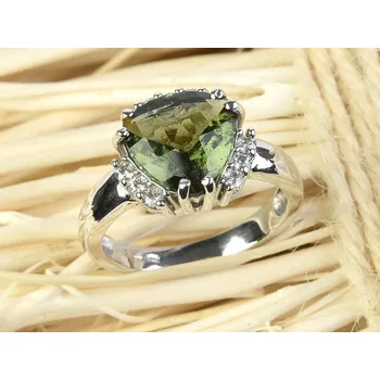 Prsten Vltavín a zirkony prsten trojúhelník 10 x 10mm checker top brus Ag 925/1000 + Rh