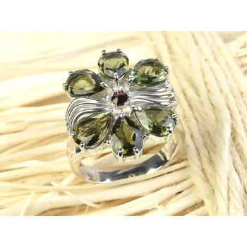 Prsten Vltavíny a granát prsten květ velký standard brus Ag 925/1000 + Rh