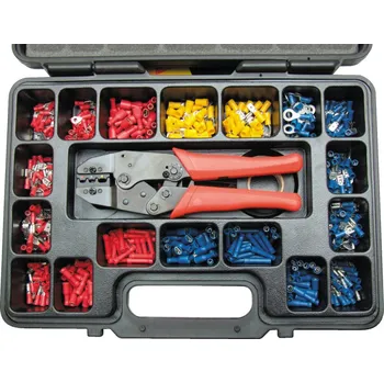 Krimpovací kleště Ráčnová krimpovací sada Heavy Duty 552ks (Ráčnová krimpovací sada Heavy Duty 552ks KENNEDY. Robustní krimpovací kleště v délce 220mm v sadě s izolační páskou a s výběrem předizolovaných červených, modrých a žlutých kabelových koncovek, úvazků. Dodáváno v 