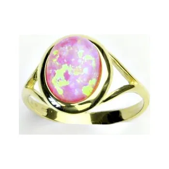 Prsten Zlatý prsten, žluté zlato, růžový syntetický opál - T 1453 (opál 10x8 mm)