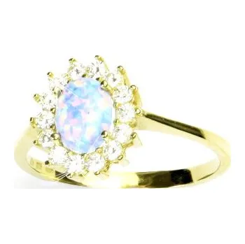 Prsten Zlatý prsten, žluté i bílé zlato, Kate, světle modrý synt. opál, čiré zirkony, T 1507