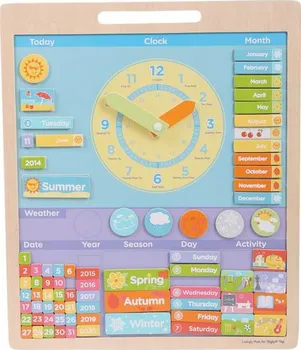 Dřevěná hračka Bigjigs Toys Anglický magnetický kalendář s hodinami