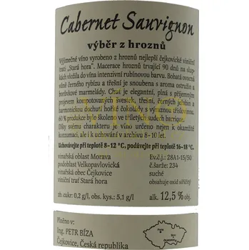 Víno VINAŘSTVÍ BÍZA Bíza Cabernet sauvignon 2018 výběr z hroznů 0,75 l suché moravské červené víno