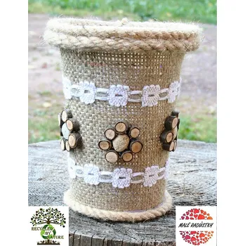 Váza Recycled by Nature - Originální váza z kelímku 442 (recyklace přírodou, juta, kamínky, ruční výroba, originální kus)