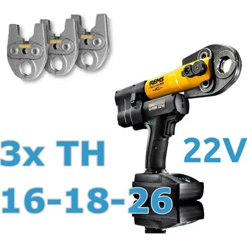 Krimpovací kleště REMS TH set Lisovací kleště Mini-Press 22V ACC + čelisti TH-16-18-26 Aku Li-Ion 578010 (REMS 578X05, 578010 22V + 3 ks TH čelistí REMS Akumulátorový radiální lis s kapacitou Ø 10 – 40 mm)