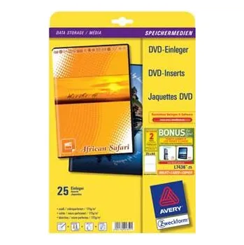 Samolepící etiketa AVERY ZWECKFORM, DVD papírový přebal, bílý, 273 x 183 mm, 25 listů, pro inkoustové tiskárn (L7436-25)