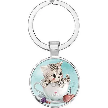 Přívěšek na klíče na kabelku kovový Kotě vykukující z hrnku stříbrná