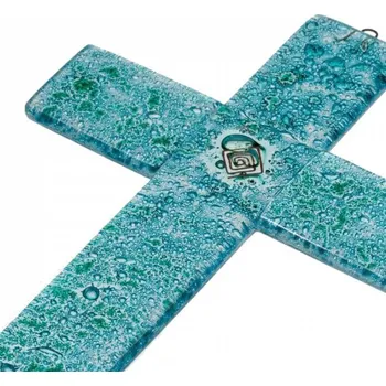 Svícen Skleněný kříž na stěnu tyrkysový – se spirálou