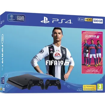 Herní konzole Sony PlayStation 4 Slim 1 TB, konzole černá + 2 ovladače + FIFA 19