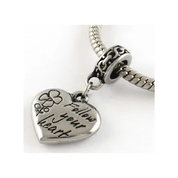 Materiál na výrobu šperku Korálek s přívěskem srdíčko "Follow your heart" chirurgická ocel (1 ks)