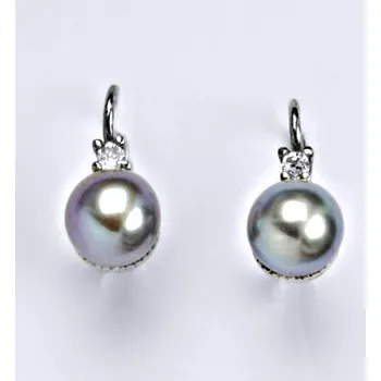Náušnice Zlaté náušnice s přírodní šedou perlou 8 mm, bílé zlato, NK 1207