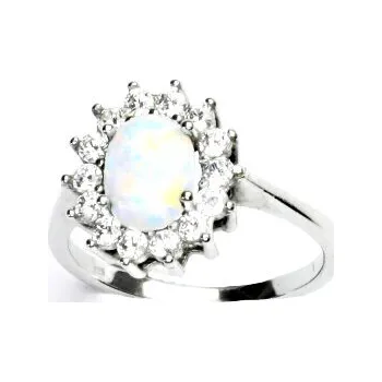 Prsten Zlatý prsten, bílé zlato,Kate, syntetický bílý opál,čiré zirkony, T 1507