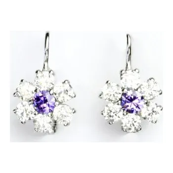 Náušnice Zlaté náušnice, bílé zlato, čiré zirkony a zirkony ametyst, VE 24