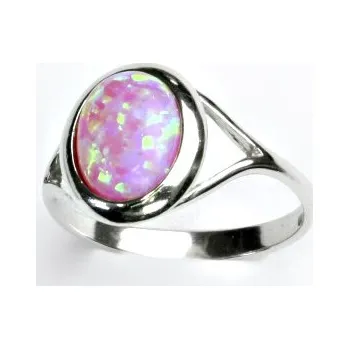 Prsten Zlatý prsten, bílé zlato, růžový syntetický opál, prstýnek s opálem, T 1453