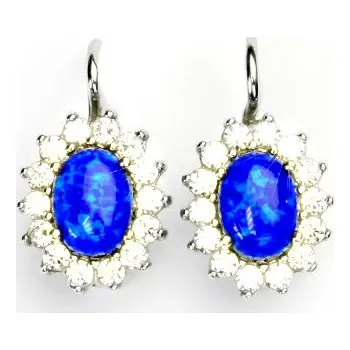 Náušnice Zlaté náušnice, Kate, bílé zlato, tm. modrý synt. opál, čiré zirkony, NK 1507