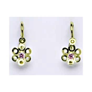 Náušnice Dětské zlaté naušnice s růžovým zirkonem,žluté zlato,kytička