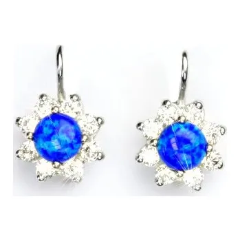Náušnice Zlaté náušnice, čiré zirkony a syntetický tmavě modrý opál, bílé zlato,VE 61