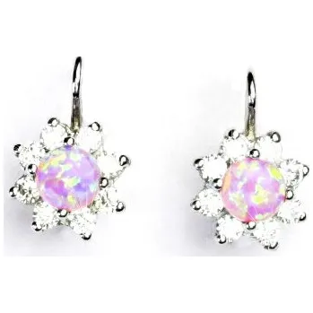 Náušnice Zlaté náušnice, čiré zirkony a syntetickým růžovým opálem, bílé zlato, VE 61
