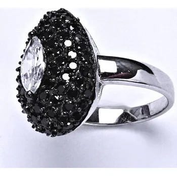 Prsten Stříbrný prsten, prsten ze stříbra, syntetický čirý a černý zirkon, kapka, váha 7,7 g, vel.52