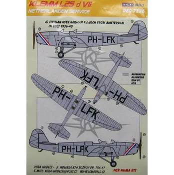 Plastikový model 1/72 Decals Klemm L25 d VII (Netherlanden service)
