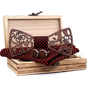 Motýlek Dřevěný motýlek s kapesníčkem a manžetovými knoflíčky T202-C6