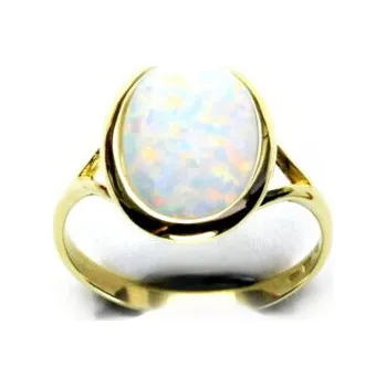 Prsten Zlatý prsten, syntetický bílý opál, žluté zlato, T 1454