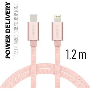 Datový kabel SWISSTEN datový kabel USB-C / Lightning, s textilním opletem, PD, délka 1,2 m Barva kabelu: Růžovo-zlatá