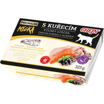 Krmivo pro kočku Chejn Micka Premium vanička pro kočky s kuřecím/kousky lososa/černým rybízem a taurinem 325 g