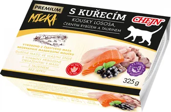 Krmivo pro kočku Chejn Micka Premium vanička pro kočky s kuřecím/kousky lososa/černým rybízem a taurinem 325 g