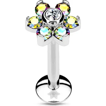 Piercing Šperky4U Piercing do brady - labreta kytička, čirý/duhové kamínky - LB1073-1208