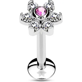 Piercing Šperky4U Piercing do brady - labreta kytička, růžový/čiré kamínky - LB1076-1206