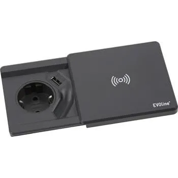 Elektrická zásuvka EVOline Square 80 Schuko s nabíječkou USB + QI-nabíječka, černá