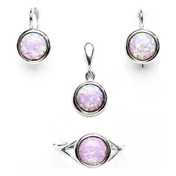 Souprava šperků Zlaté náušnice,prsten a přívěsek, bílé i žluté zlato,syntetický růžový opál - sada NK, T, P 1503 (opál 8 mm)