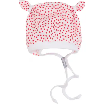 Kojenecká čepice bílo-červená čepička s oušky na tkaničku