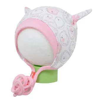 Kojenecká čepice bílo-růžová čepička s oušky na tkaničku