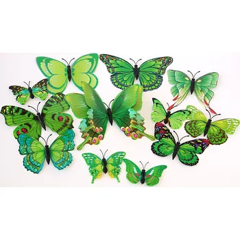 Samolepící dekorace MR 3D Motýl na zeď,zelená varianta - Dvojitá křídla, 12 ks, s magnetkem a lepicím kolečkem 2741
