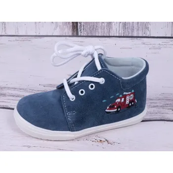 Chlapecké polobotky Celoroční kožené botičky obuv Jonap 022 modré s hasičským autem velikost: 23
