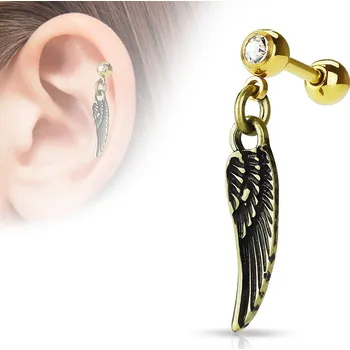 Piercing Piercingate Činka do ucha - andělské křídlo PNC00071 - Barva/Motiv: Zlatá/Čirá, Délka tyčky: 6 mm, Kuličky: 4 mm, Průměr tyčky: 1,2 mm