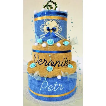 Veratex Textilní dort s vyšitými jmény novomanželů modro/béžový
