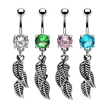 Piercing Piercingate Piercing do pupíku - kámen s lístečky PBV00454 - Barva/Motiv: Tyrkysová