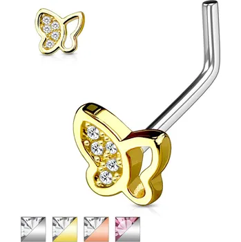 Piercing Piercingate Piercing do nosu s motýlkem PNO00248 - Barva/Motiv: Růžové zlato/Čirá, Délka tyčky: 6 mm, Průměr tyčky: 0,8 mm