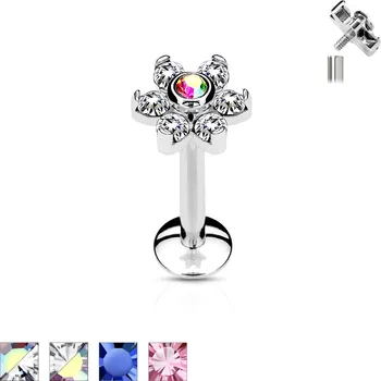 Piercing Piercingate Labreta s kytičkou s kamínky PLA00243 - Barva/Motiv: Duhová/Čirá, Délka tyčky: 8 mm, Průměr tyčky: 1,2 mm