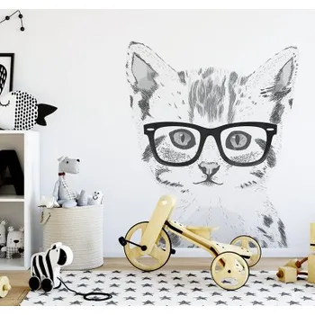 Samolepící dekorace Yokodesign Samolepka na zeď - kočka v brýlích Velikost: M, Barva brýlí: černá