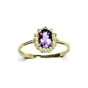 Prsten Zlatý prsten s diamanty, přírodní tmavý ametyst, žluté zlato, VR 247