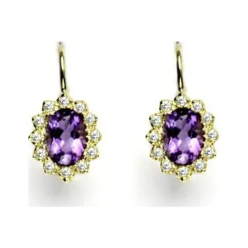 Náušnice Zlaté náušnice s diamanty, přírodní tmavý ametyst, žluté zlato, VE 247